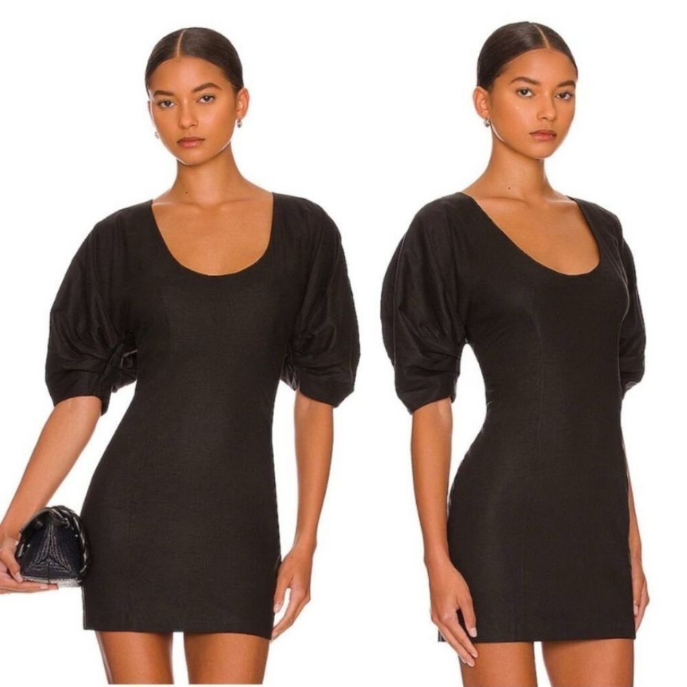 NWT L'Academie Ottilie Mini Dress in Black Linen Blend Large